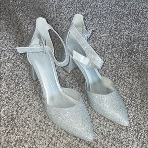 Silver Glitter Pointed Toe Slingback Heels - Women